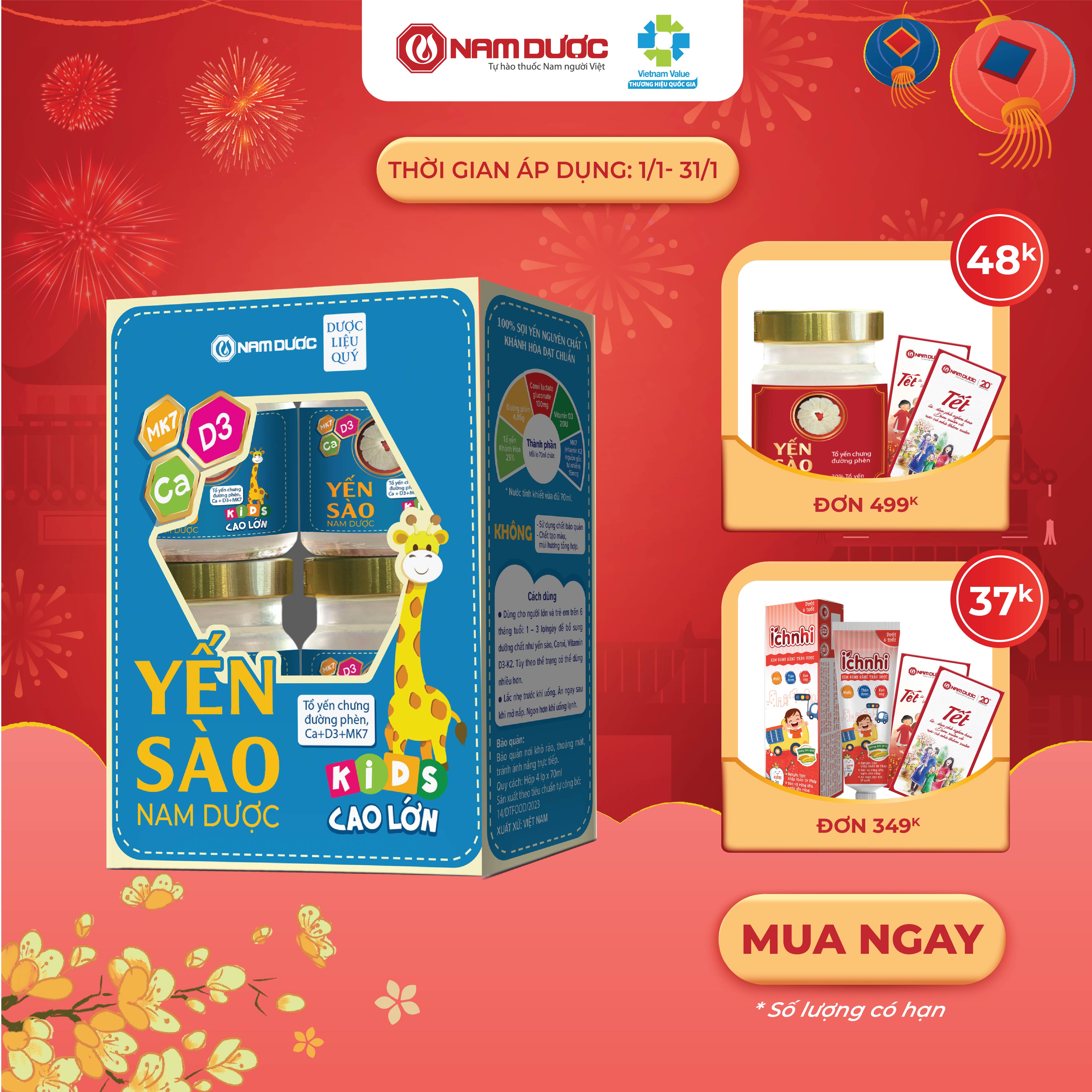 Yến sào Nam Dược Kids Set 4 lọ x 70ml cao lớn, tăng sức đề kháng cho bé, bé ăn ngon và phát triển chiều cao