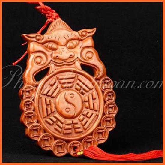 Gương Bát quái Gỗ Đào Phù Điêu Tiên Thiên Hổ phù+tặng bột ngũ vị ,móc dán,văn khấn