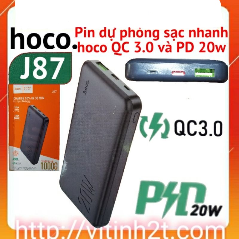 Pin dự phòng sạc nhanh 10.000mah hoco J87 QC 3.0 và PD 20w,cổng sạc type-c sạc đảo chiều(HÀNG CHÍNH HÃNG)