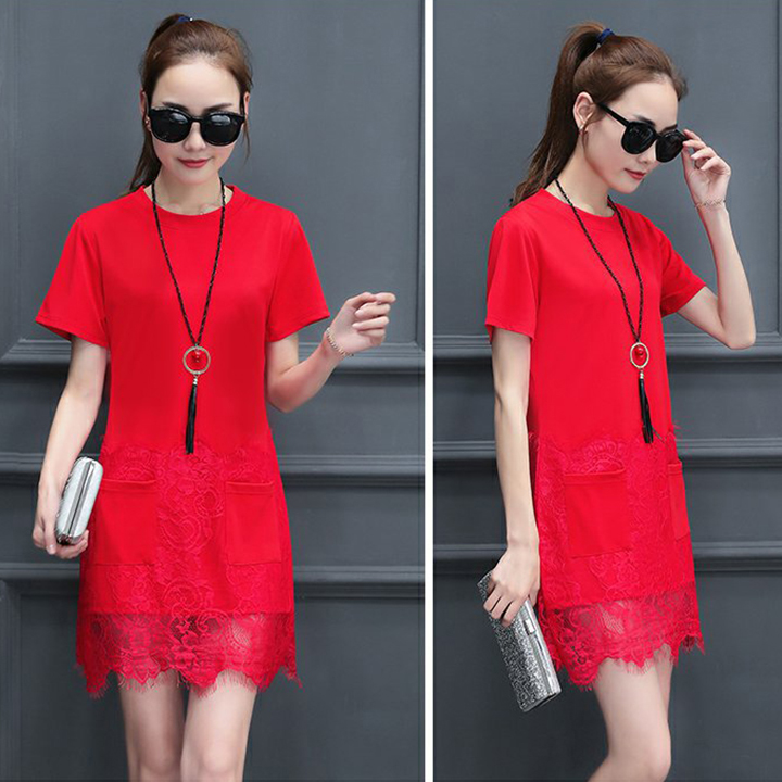 Váy Nữ Xuông Phối Ren Dáng Chữ A, 100% Cotton Phối Ren, 4 Màu Lựa Chọn, Thời Trang Công Sở Dạo Phố