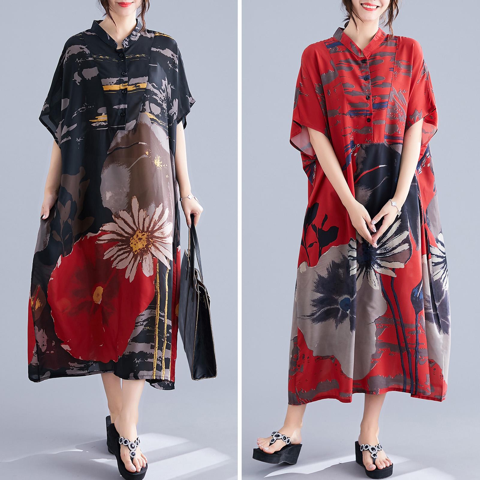 Vintage Women Plus Size Long Dress Floral Short Sleeve Pocket Blouse Dress Loose Casual Midi Dress