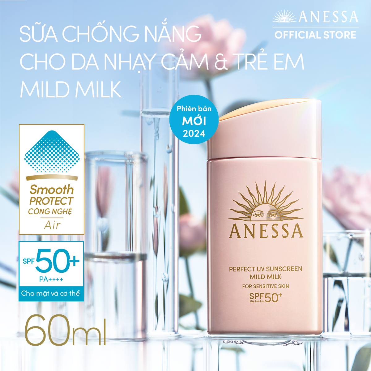 Kem chống nắng dạng sữa dịu nhẹ cho da nhạy cảm và trẻ em Anessa Perfect UV Sunscreen Mild Milk For Sensitive Skin SPF 50+ PA++++ 60ml