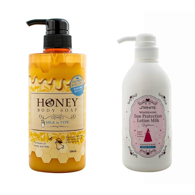 Combo Sữa tắm Honey Milk &amp; Dưỡng thể JWhite dưỡng ẩm, dưỡng trắng chống nắng toàn thân hàng Nhật chính hãng