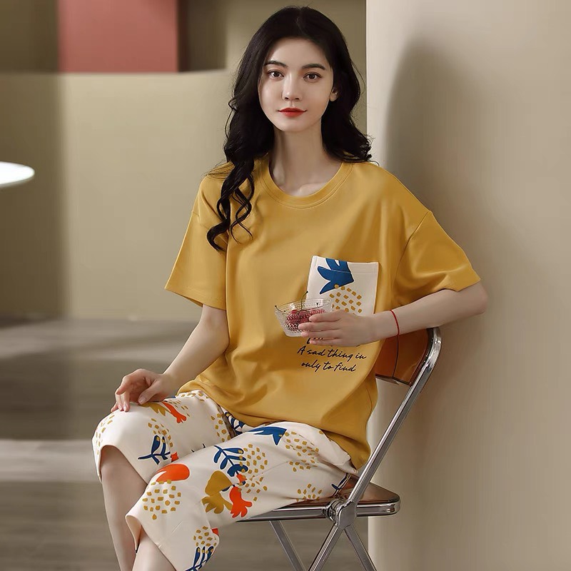 Đồ bộ mặc nhà cotton nữ tay ngắn quần lửng hình hoa vàng 575