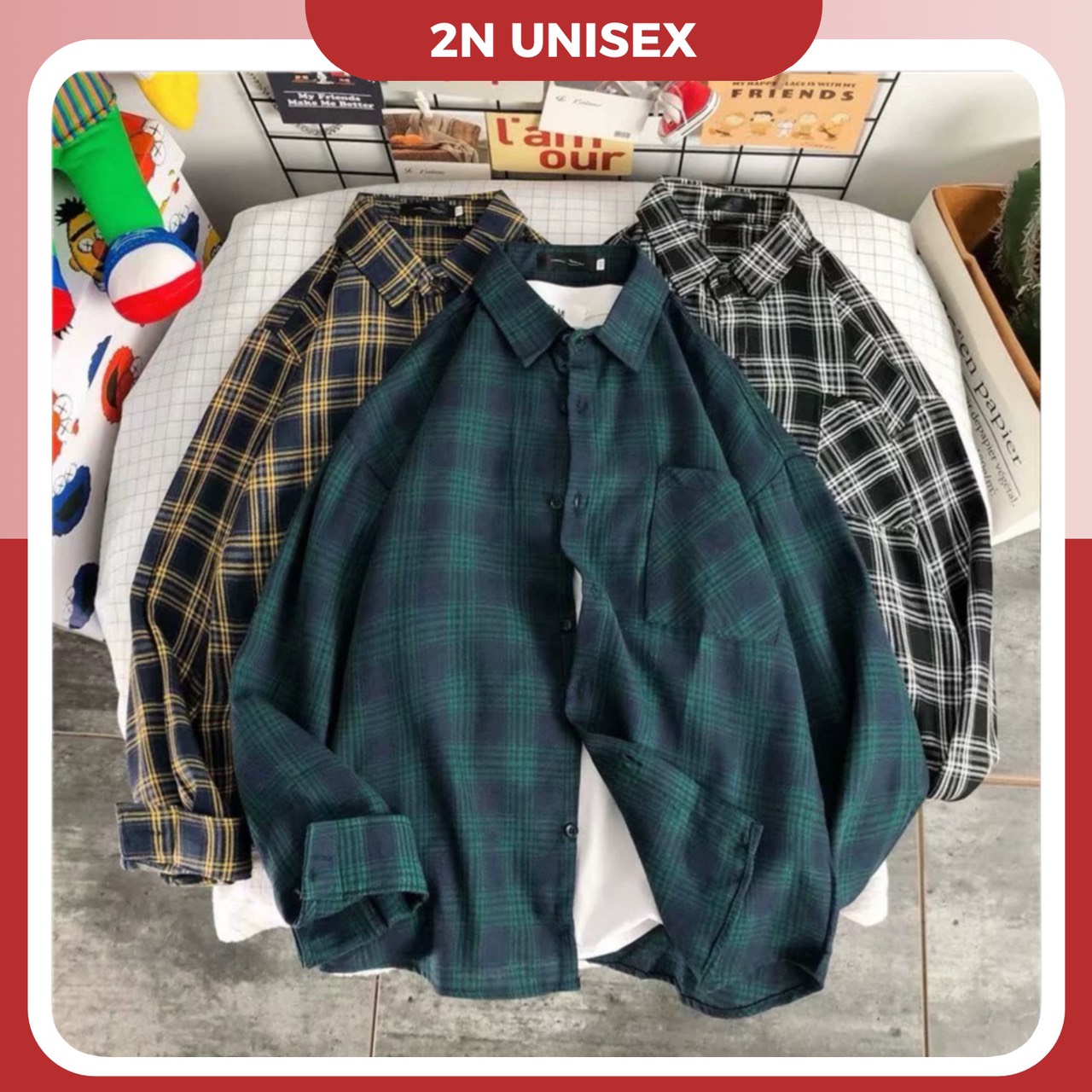 Áo sơ mi khoác ngoài form rộng unisex - Áo sơ mi nam nữ oversize sọc caro số 21
