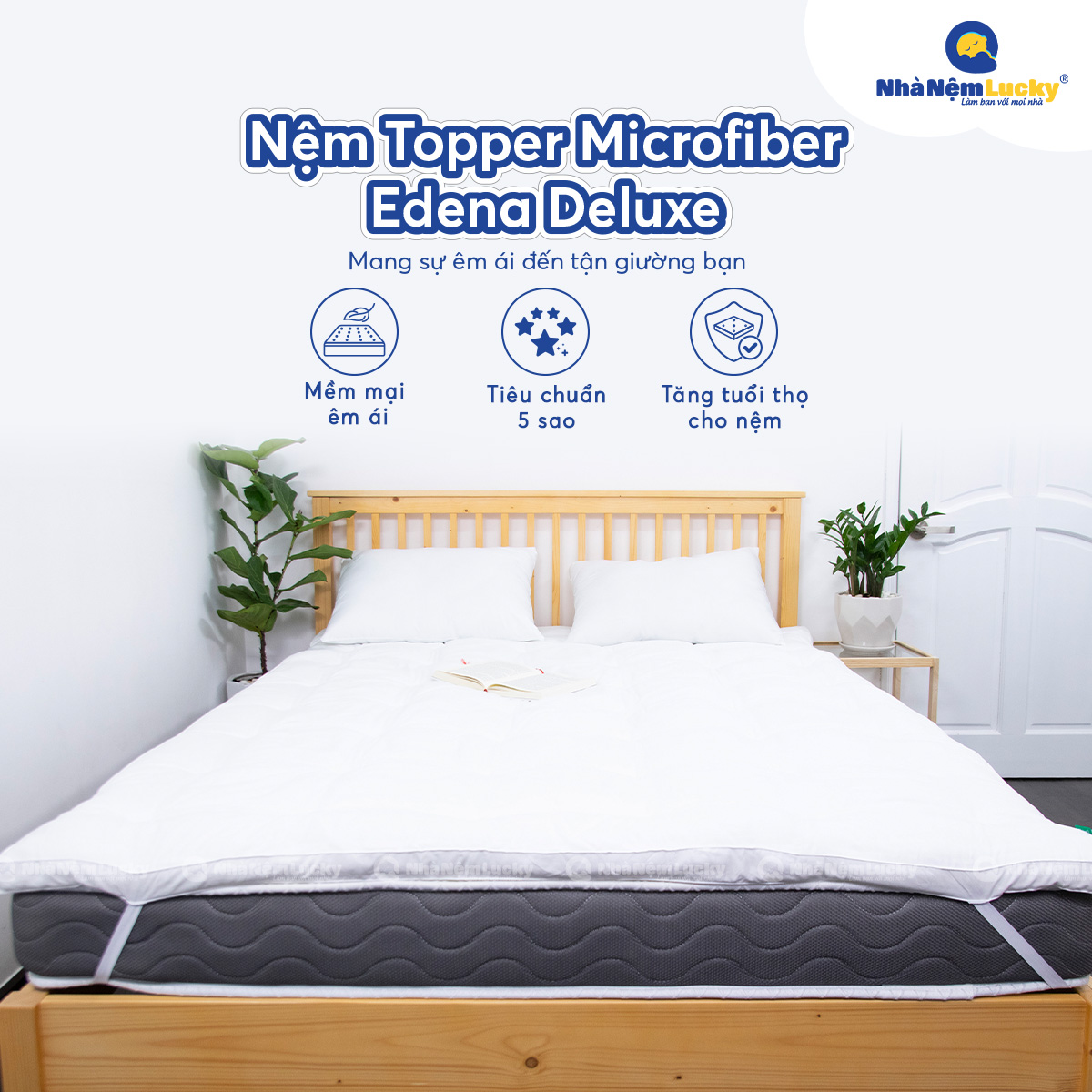 Nệm Topper Edena Deluxe - Topper MicroFiber - Tấm lót làm mềm, bảo vệ nệm - Dày 5cm - 6 Kích Thước