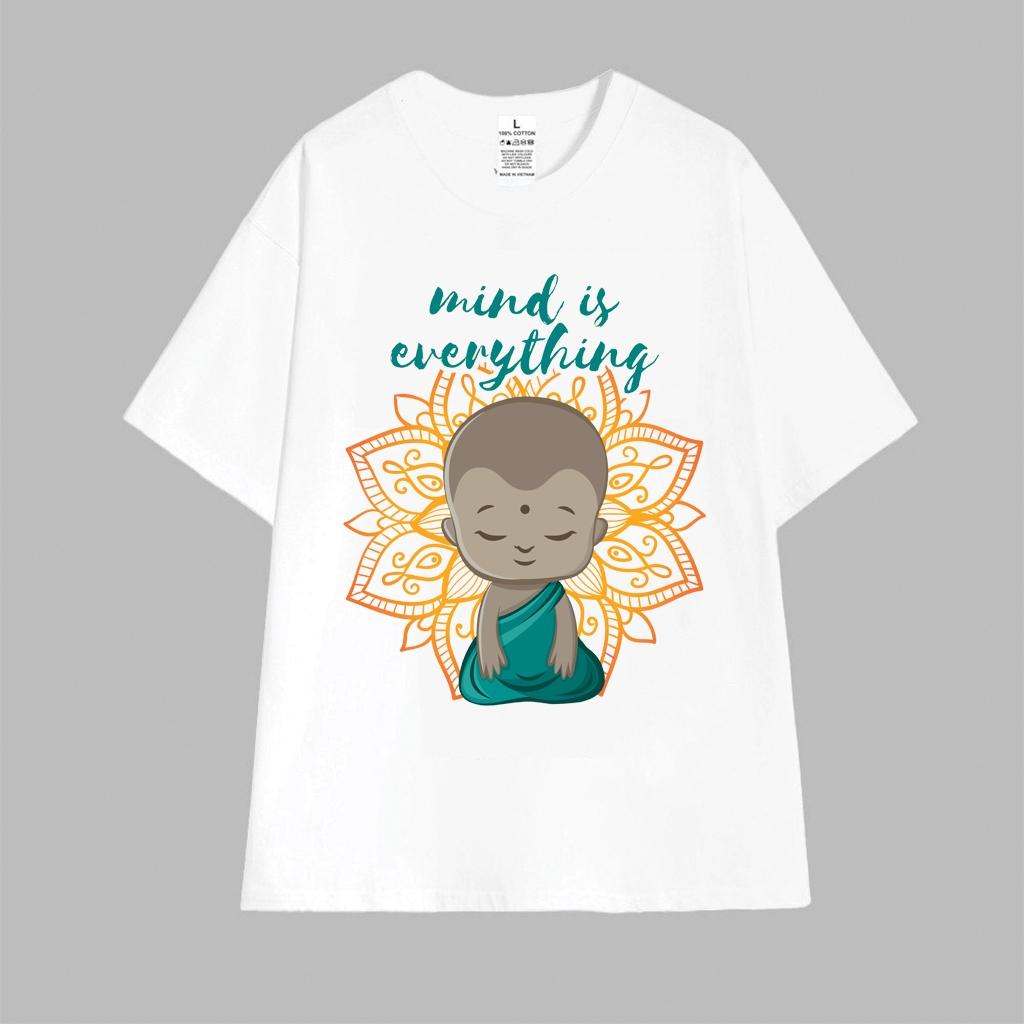 Cao cấp - Áo thun oversize câu chữ Mind Is Every Thing hình Giác Giả ngồi thiền nền hoa Sen BND548