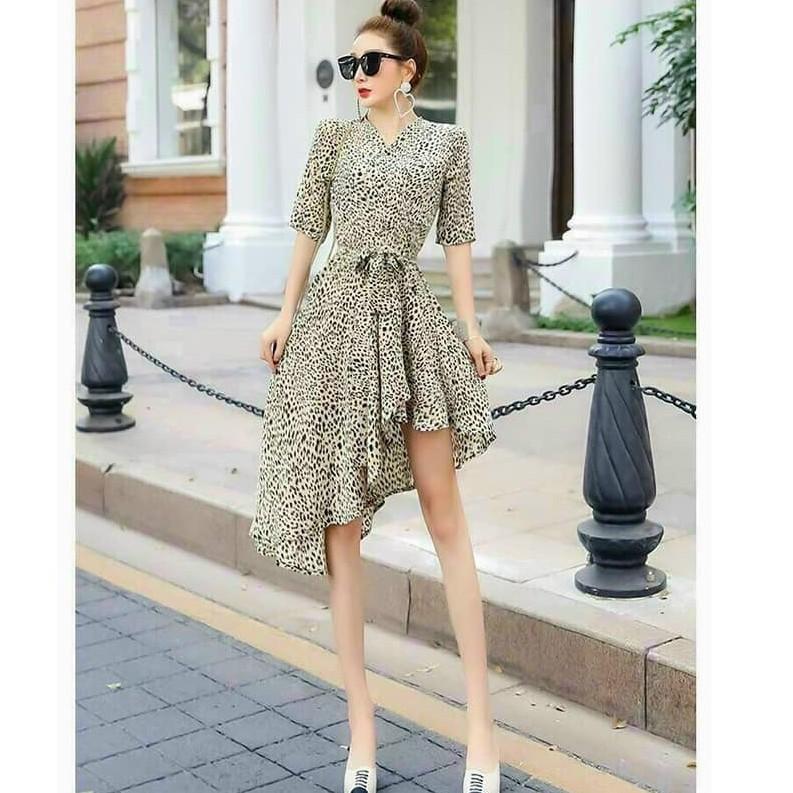 ĐẦM XÒE HỌA TIẾT BEO TÀ XÉO CỔ V SANG TRỌNG