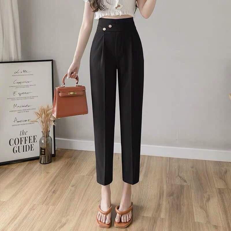 quần tây công sở nữ vải tuyết mưa dáng baggy cạp cúc lệch lưng cao