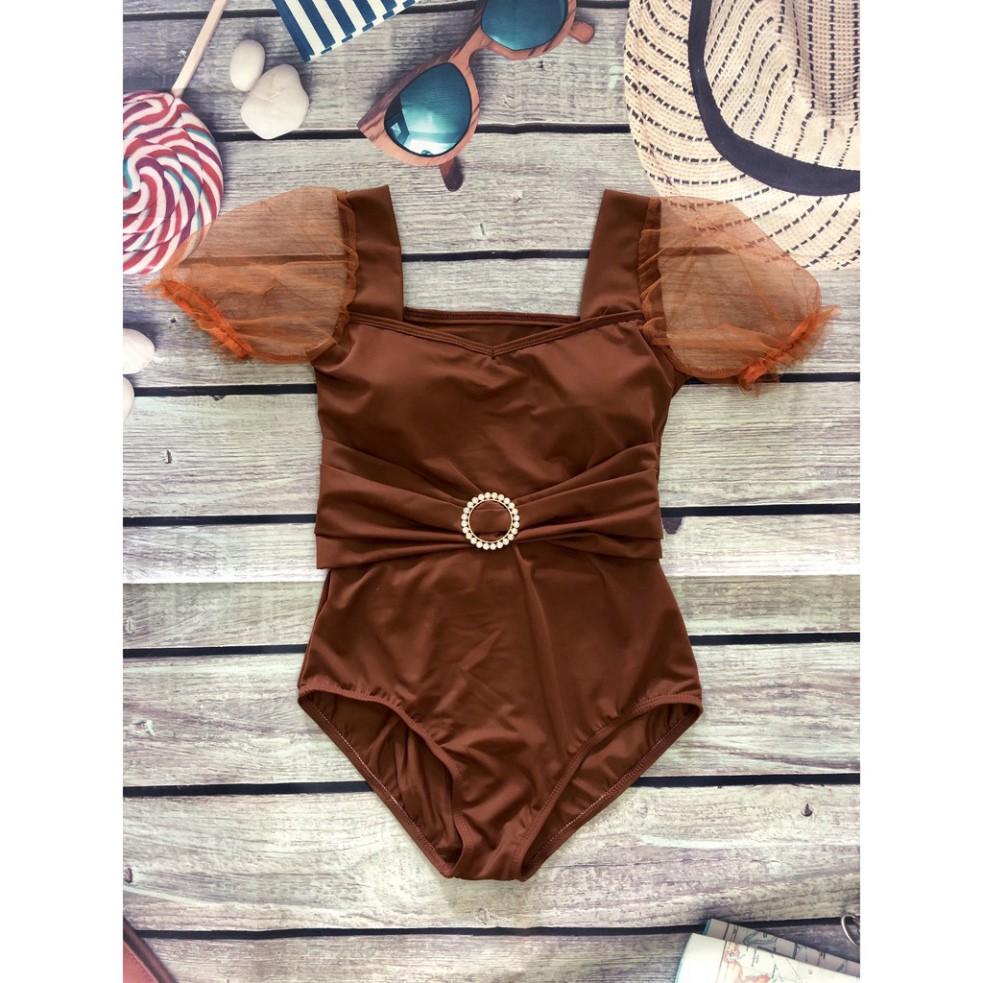 Bikini bộ bơi liền thân tay lưới phồng phối nơ đính đá sang chảnh - Eva Shop