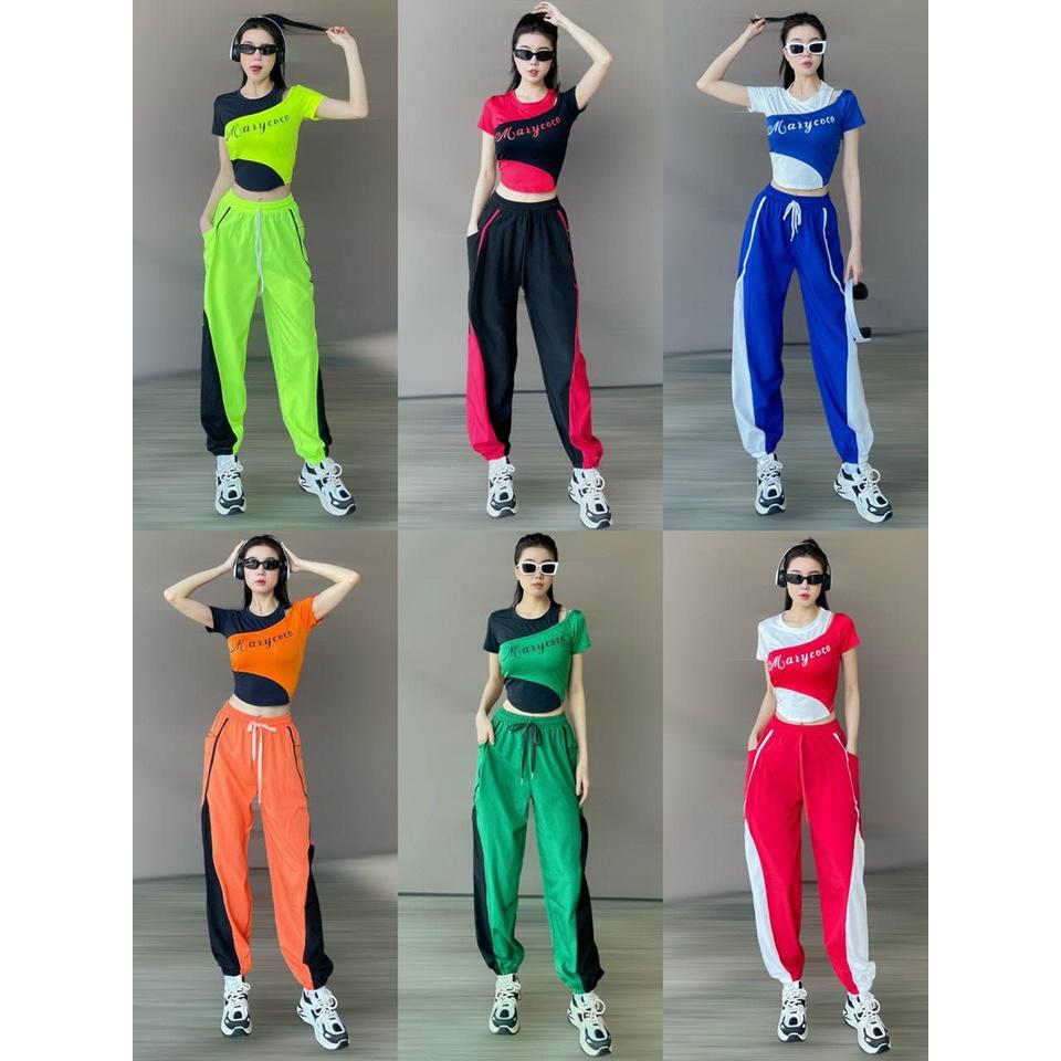 Set đồ tập áo chất thun quần chất xi gió tập gym, yoga, zumba, dân vũ, nhảy hiphop. aerobic, đồng phục đội nhóm nữ