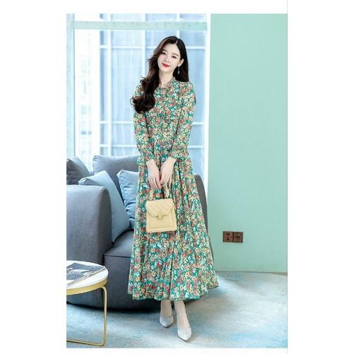 HÀNG NHẬP - ĐẦM MAXI VOAN HOA TAY DÀI CỔ BÈO THẮT DÂY NƠ