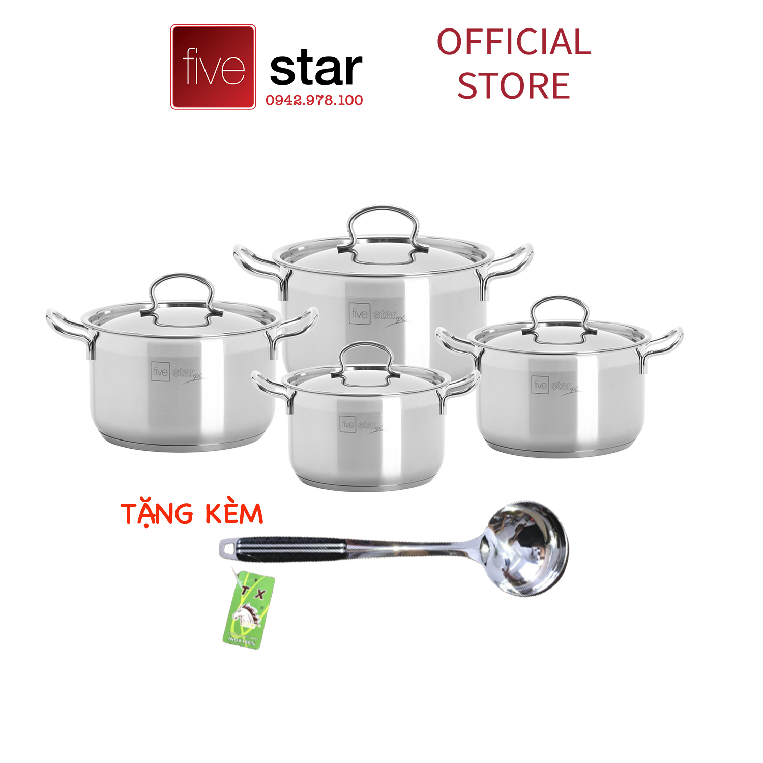 Bộ nồi inox 304 cao cấp 3 đáy Fivestar 4 chiếc nắp inox , bảo hành 25 năm , tặng 1 vá canh - bộ nồi bếp từ cao cấp