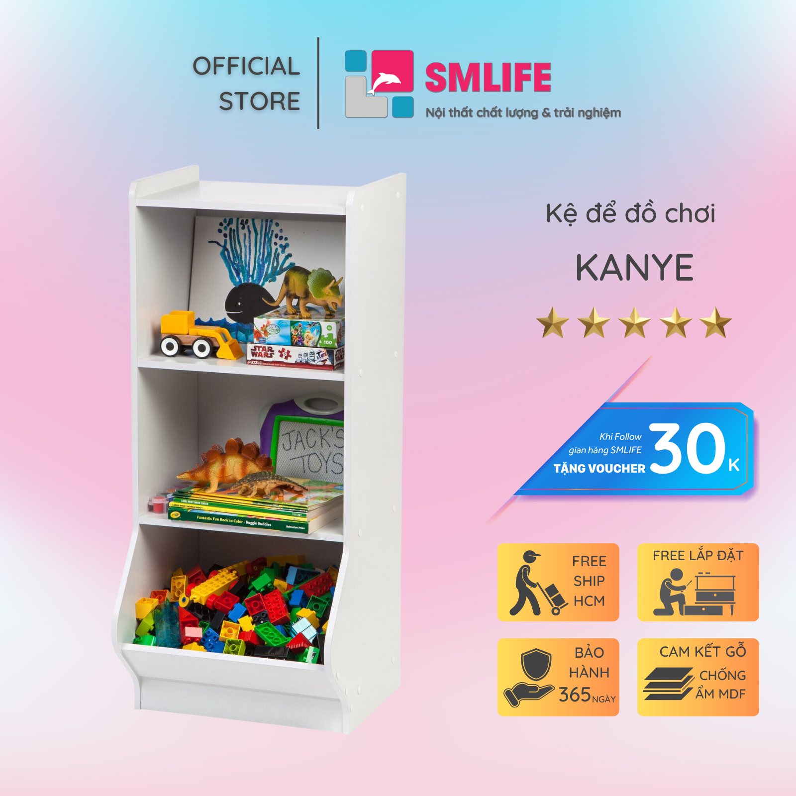 Kệ để đồ chơi cho bé SMLIFE Kanye | Gỗ MDF dày 17mm chống ẩm | D42xR38xC100cm