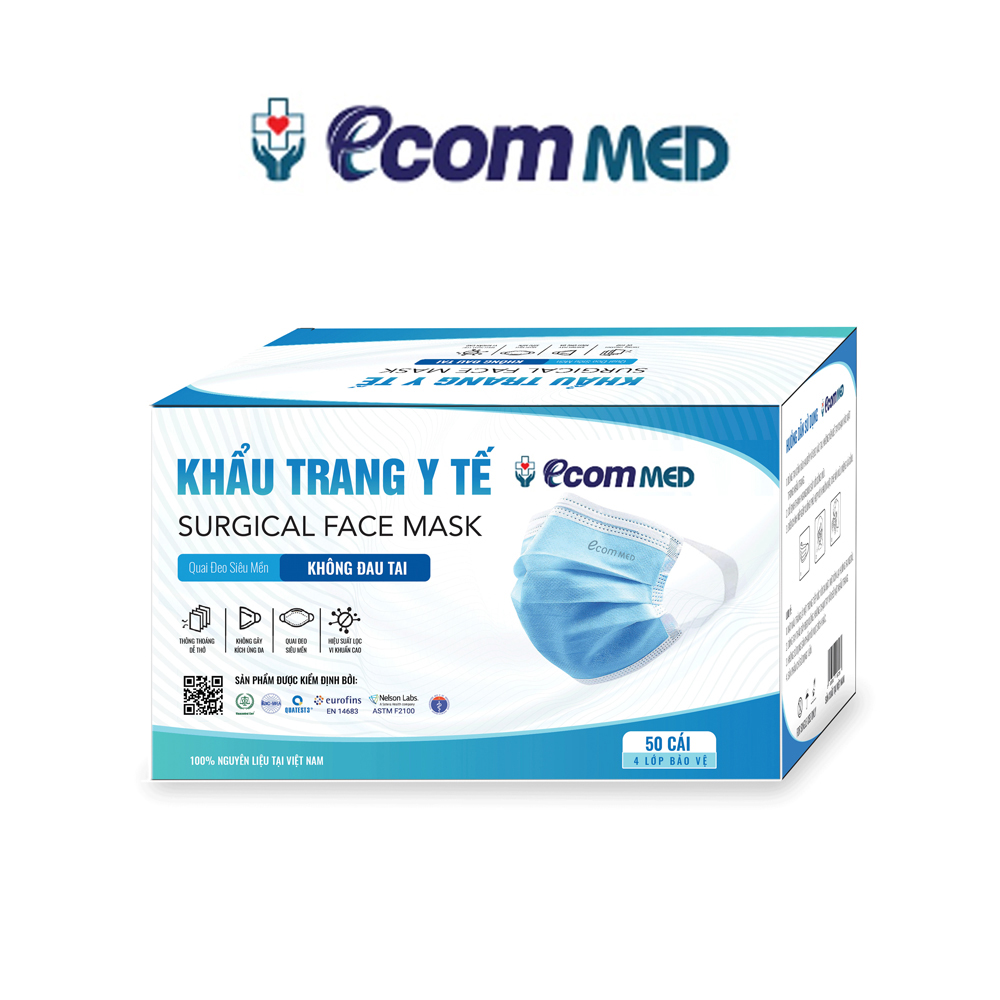 Combo 2 Hộp Khẩu trang Y tế EcomMed 4 lớp- SS.II thông thoáng dễ thở - Kháng khuẩn - (Hộp 50 cái) - Đạt chuẩn FDA