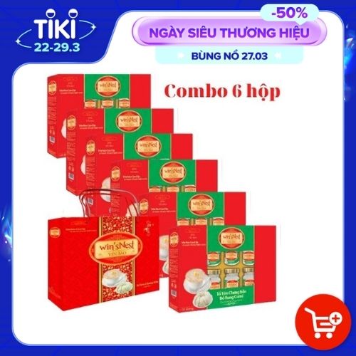 (Thùng 06 hộp) Yến Sào win'sNest Tổ Yến Chưng Sẵn 20% Bổ Sung Canxi (6 Lọ/Hộp) kèm túi