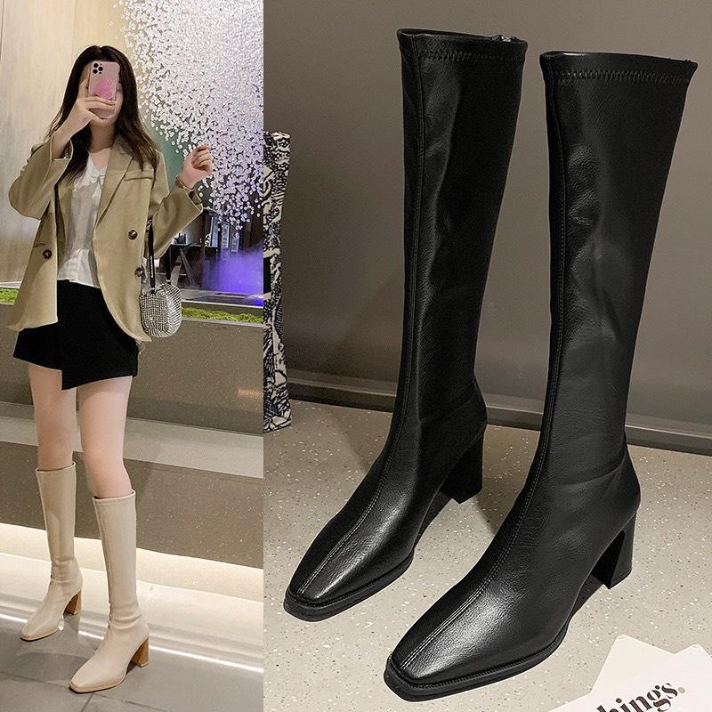 Bốt đùi nữ gót giả vân gỗ 7 phân