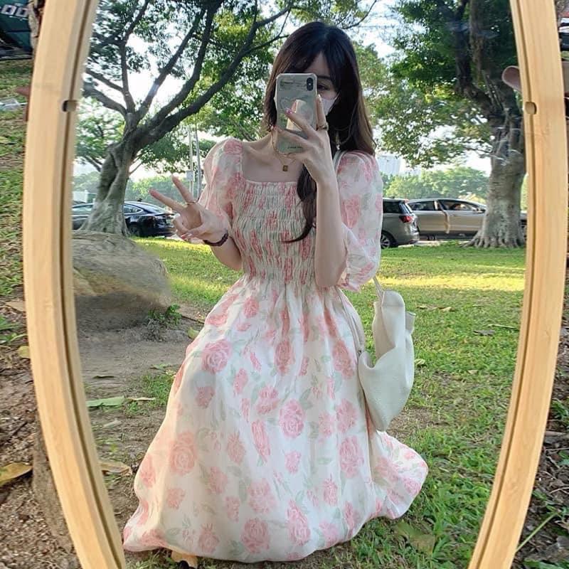 VÁY ĐẦM HOA HỒNG CHUN NGỰC TAY BỔNG MẶC 2 KIỂU “MYLI DRESS” TRỄ VAI TIỂU THƯ
