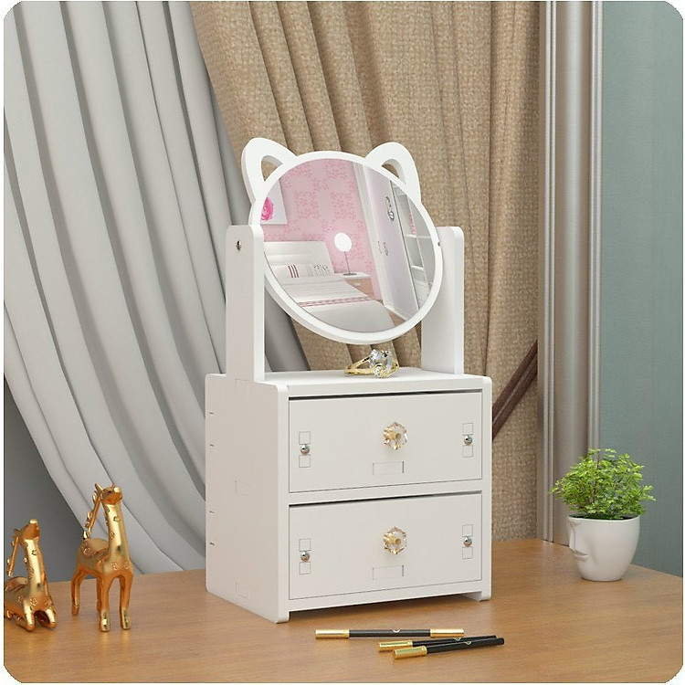 Gương Trang Điểm Để Bàn Tủ Để Đồ Trang Điểm Có Ngăn Kéo Và Gương Xoay 360, Kệ Để Đồ Đa Năng Thiết Kế Sang Trọng Màu Trắng
