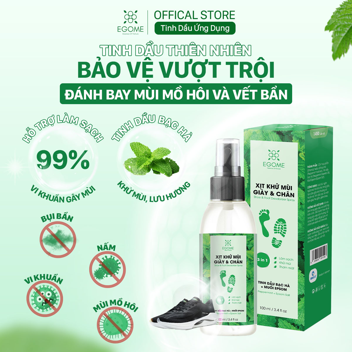 Xịt Khử Mùi Giày Và Chân Egome Tinh Dầu Bạc Hà làm sạch và thơm mát 100ml