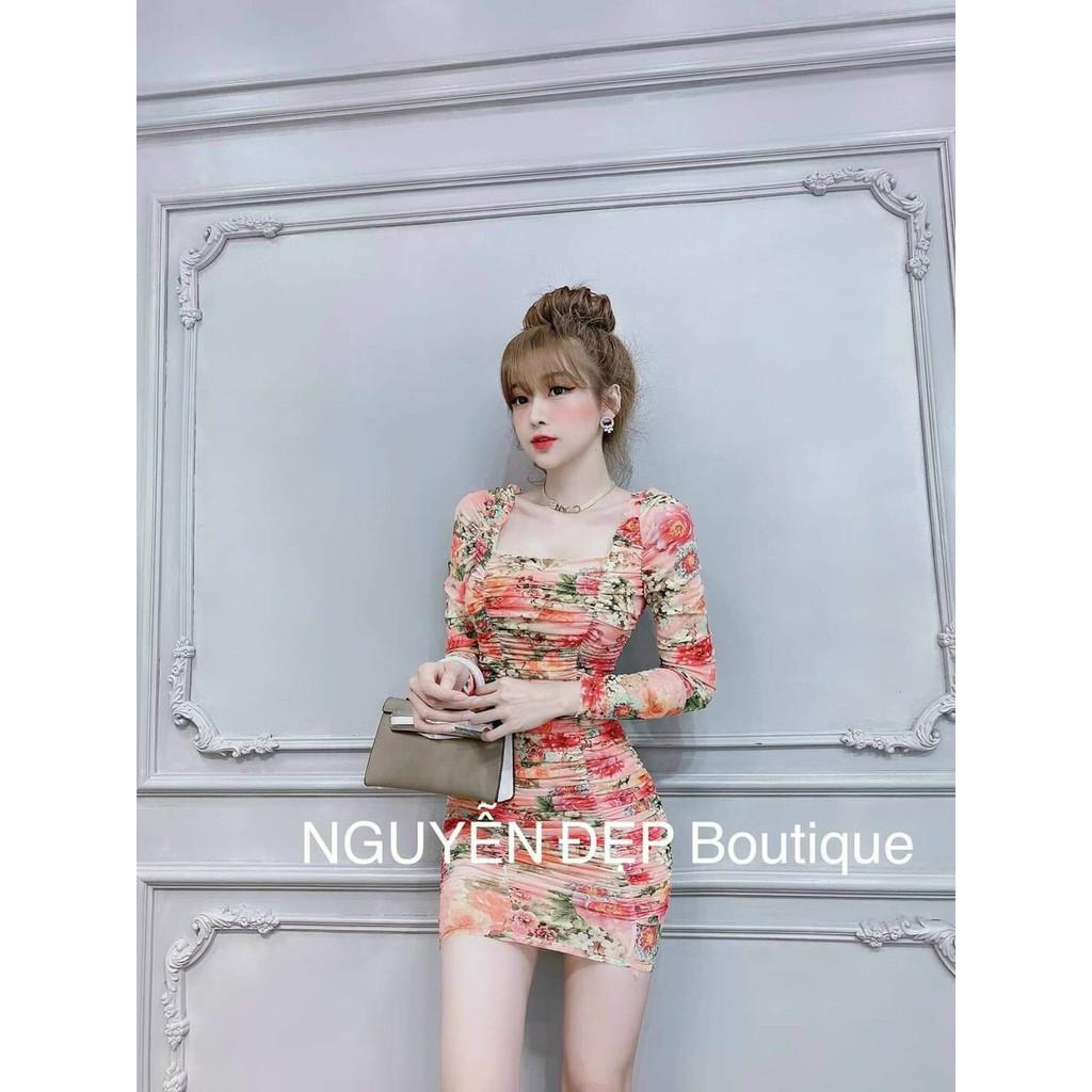 Váy Đầm Body Nhún Thân Cổ Vuông Tay Dài,Có Mút Ngực,Chất Liệu Thun Dẻo IN KTS Thời Trang Nữ ĐẶNG DIỆU Màu Sắc Nhã Nhặn