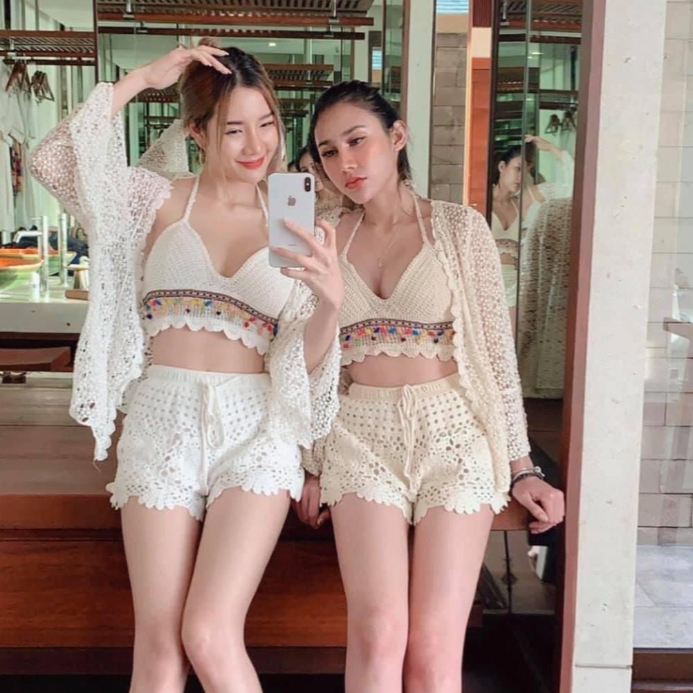 Bộ bơi nữ 3 mảnh bikini len móc cao cấp có kèm áo choàng