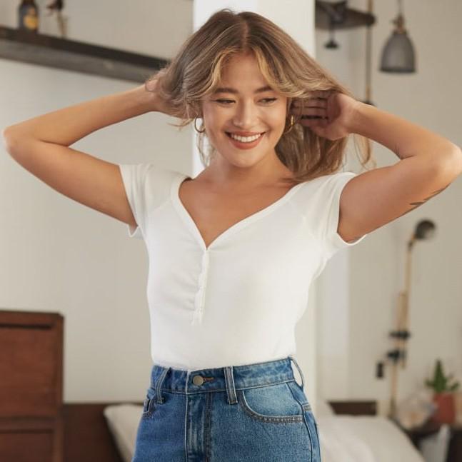 Button V-neck Short Sleeves - White