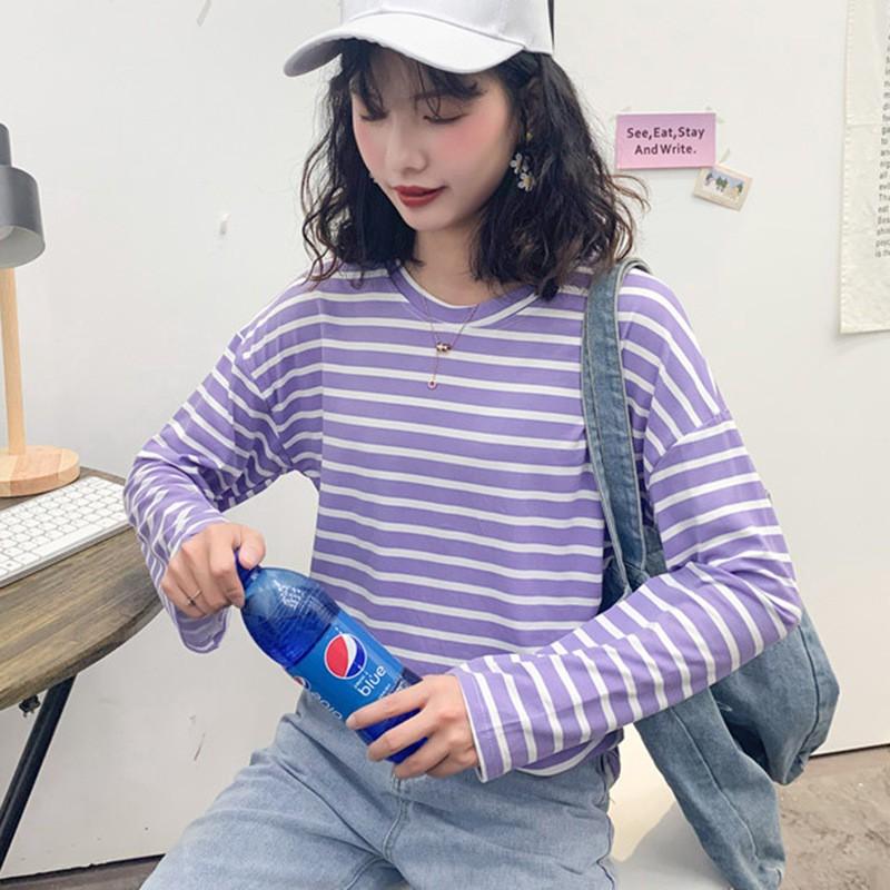 Áo Thun Nữ Tay Dài Họa Tiết Kẻ Sọc Ngang Thời Trang