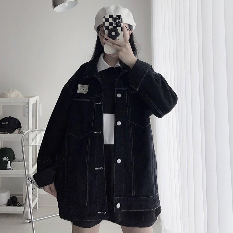 Áo khoát jean nữ rẻ logo vuông siêu hot phối đẹp-A3027 - Đen