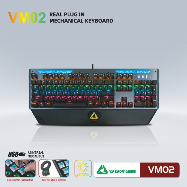 Bàn phím cơ VSP eSport Gaming VM02 (104 phím, Đen, Blue switch) - Hàng chính hãng