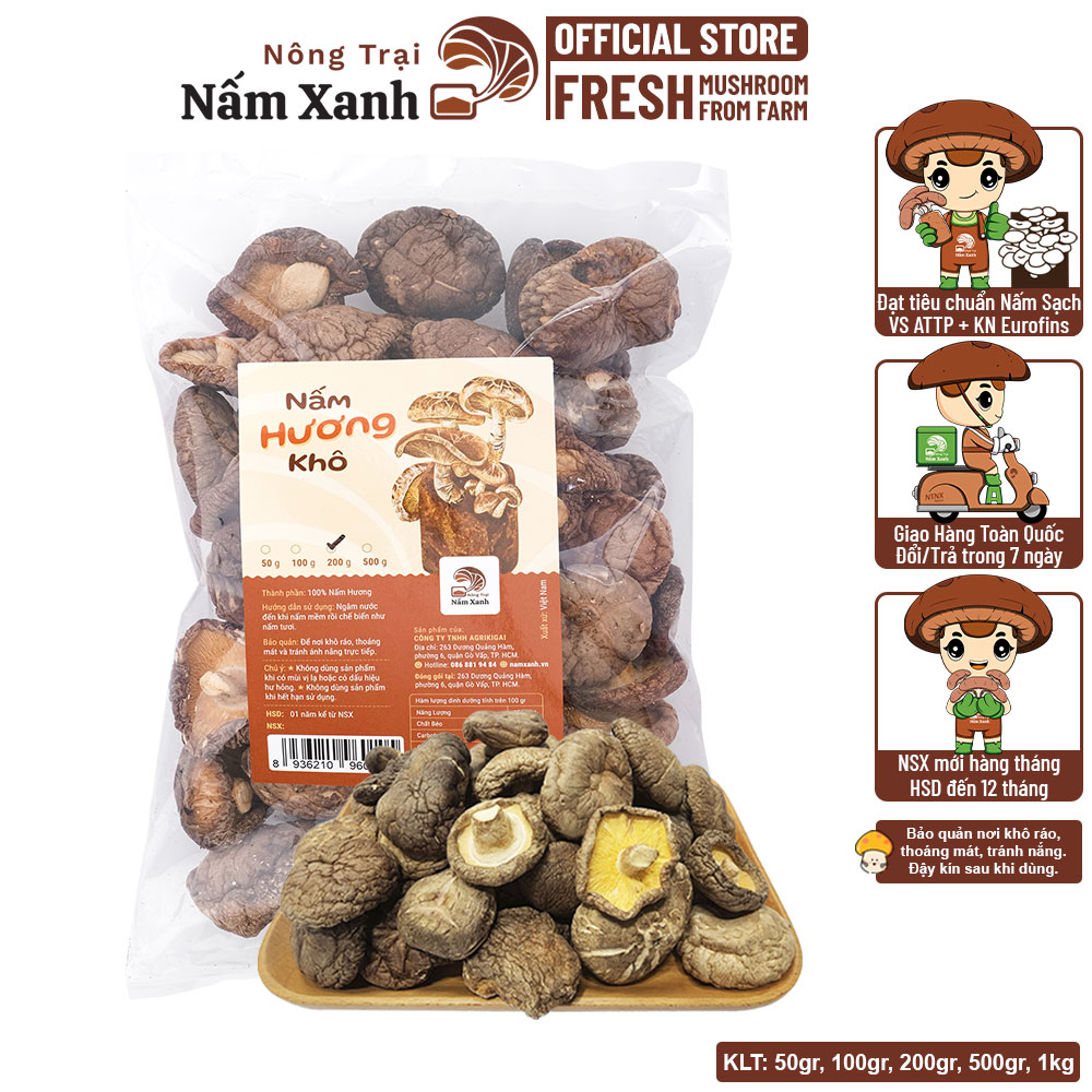 Nấm Hương Khô Nấm Đông Cô Khô - Nông Trại Nấm Xanh - 200Gram