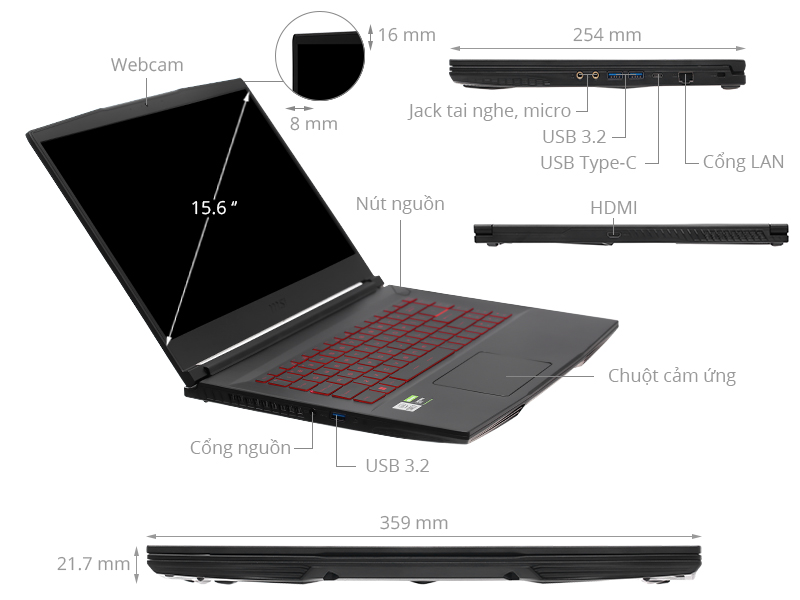 Laptop MSI Gaming GF63 Thin 11UC-1228VN (i7-11800H/8GB RAM/512GB SSD/RTX3050 4GB/15.6 inch FHD 144Hz/Win11/Đen) - Hàng Chính Hãng