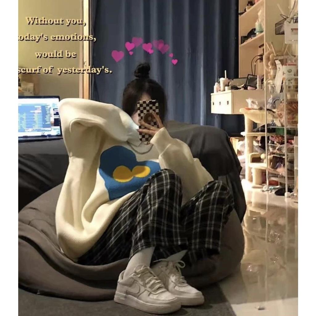 Set Áo Nỉ Tim Xanh Nữ  Nana's House - FREESHIP  Bộ quần ống rộng kèm áo sweater cổ tròn oversize Ulzzang HOT