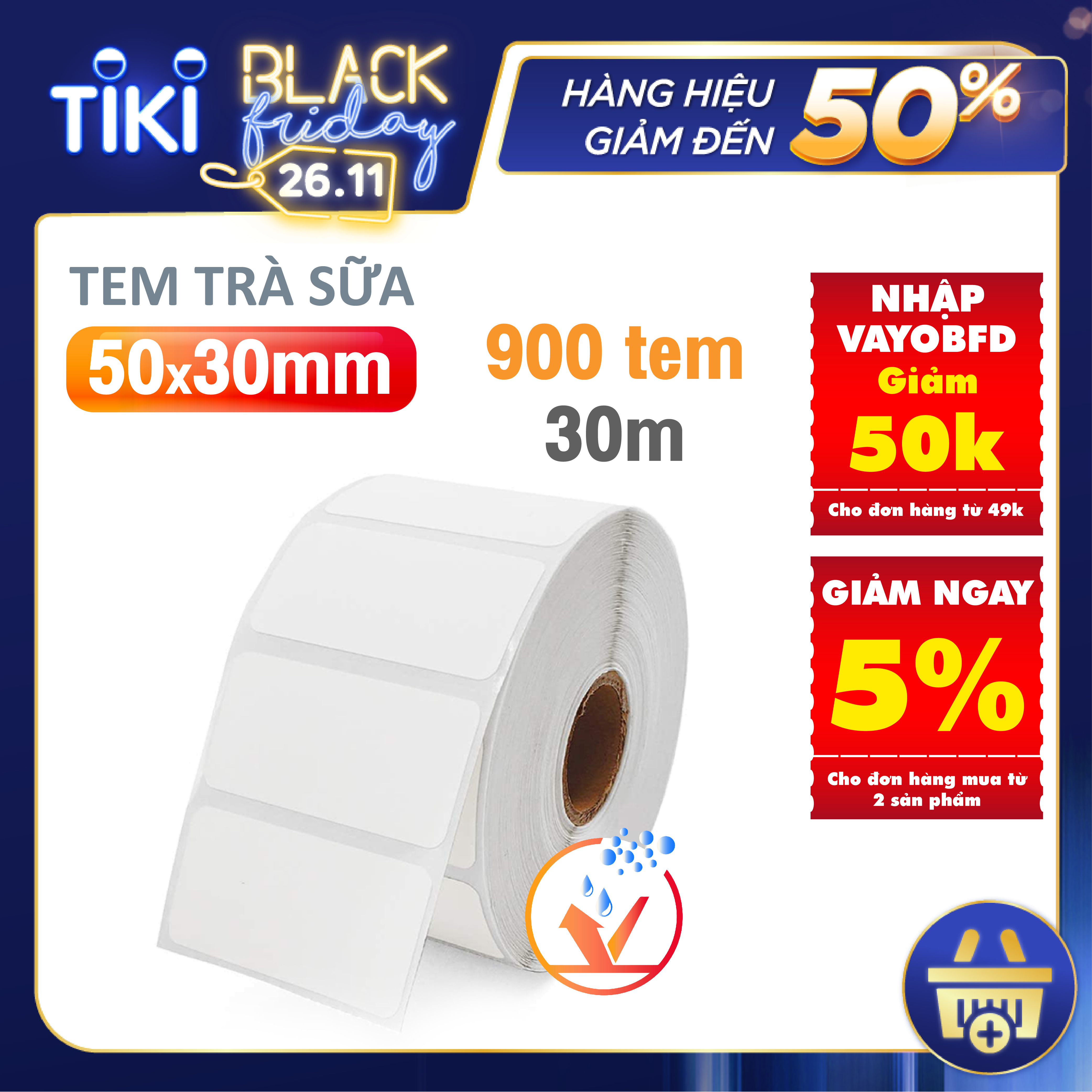 Tem nhiệt tự dính VAYO 50x30mm, cuộn 30m |  tem trà sữa, decal nhiệt