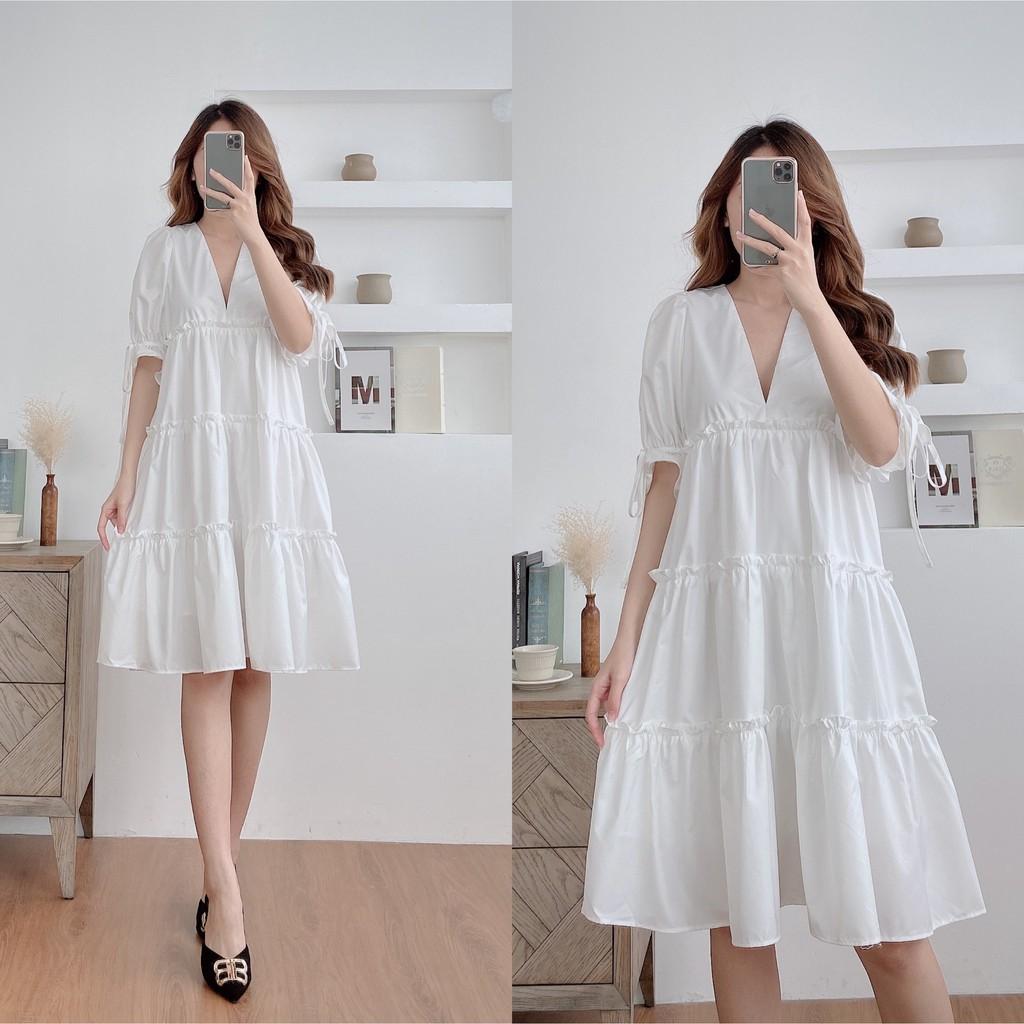 Váy suông babydoll 3 tầng, cổ V, đầm xuông rộng freesize, tay bo phồng buộc nơ 2 màu mã V173 - Michi's House