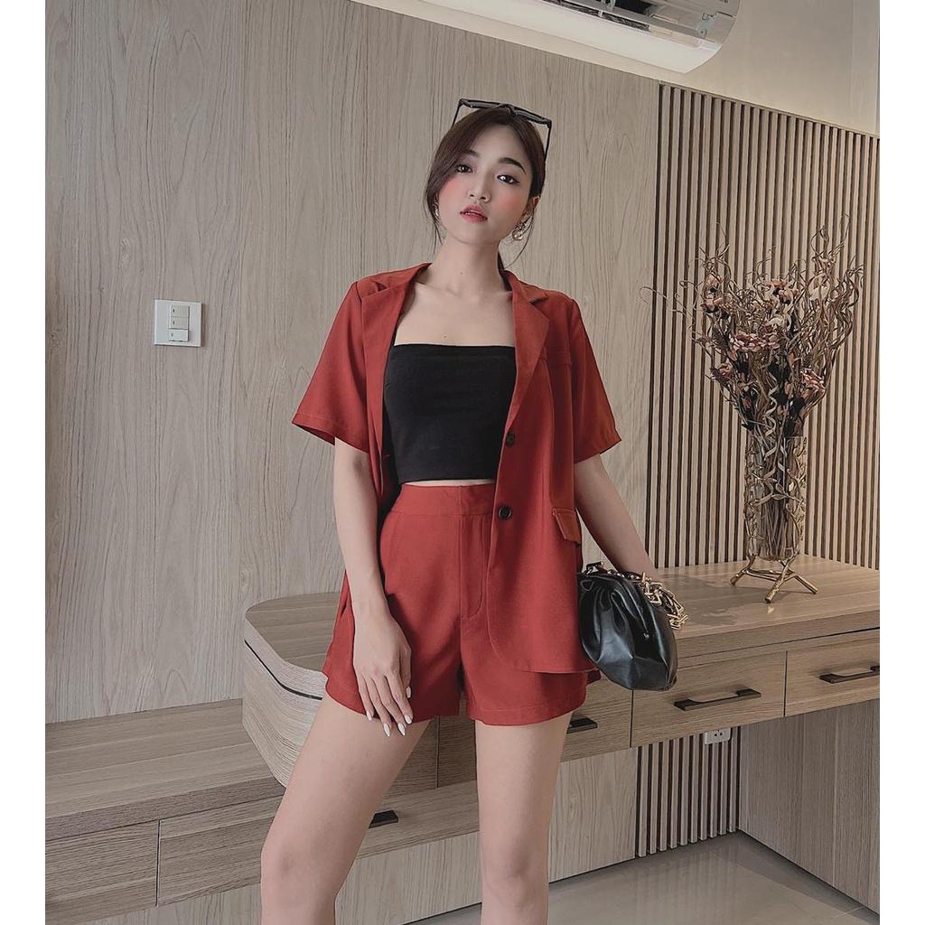 Sét bộ vest nữ Basic tay ngắn phối quần short sang chảnh quý phái dạo phố, dự tiệc, công sở