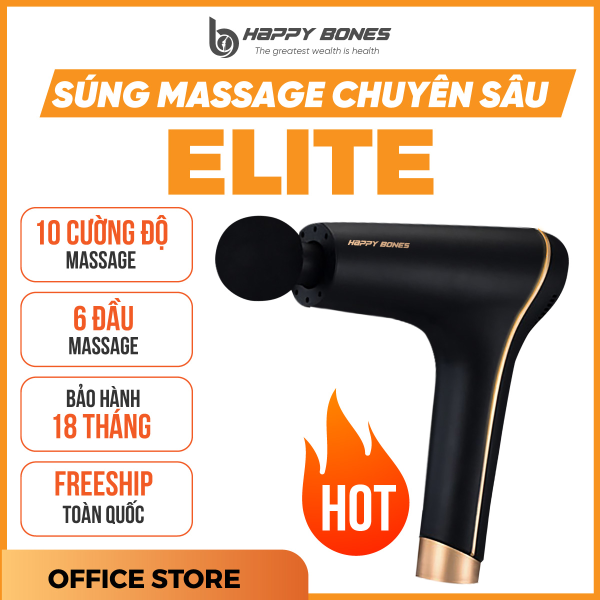 Máy Massage Cầm Tay HAPPY BONES -  6 Đầu 10 Cấp Độ, Mát Xa Cơ Sâu, Hỗ Trợ Giảm Căng Cứng Khớp - Quà Tặng Cho Sức Khỏe