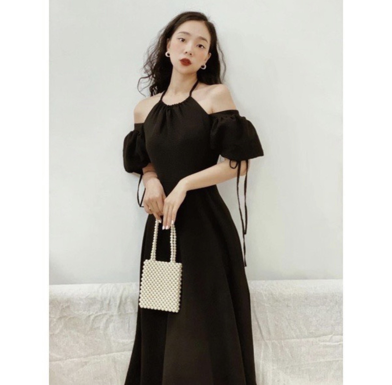( ẢNH THẬT )Đầm Cổ Yếm Rớt Vai Tay Phồng Nhẹ Hottrend
