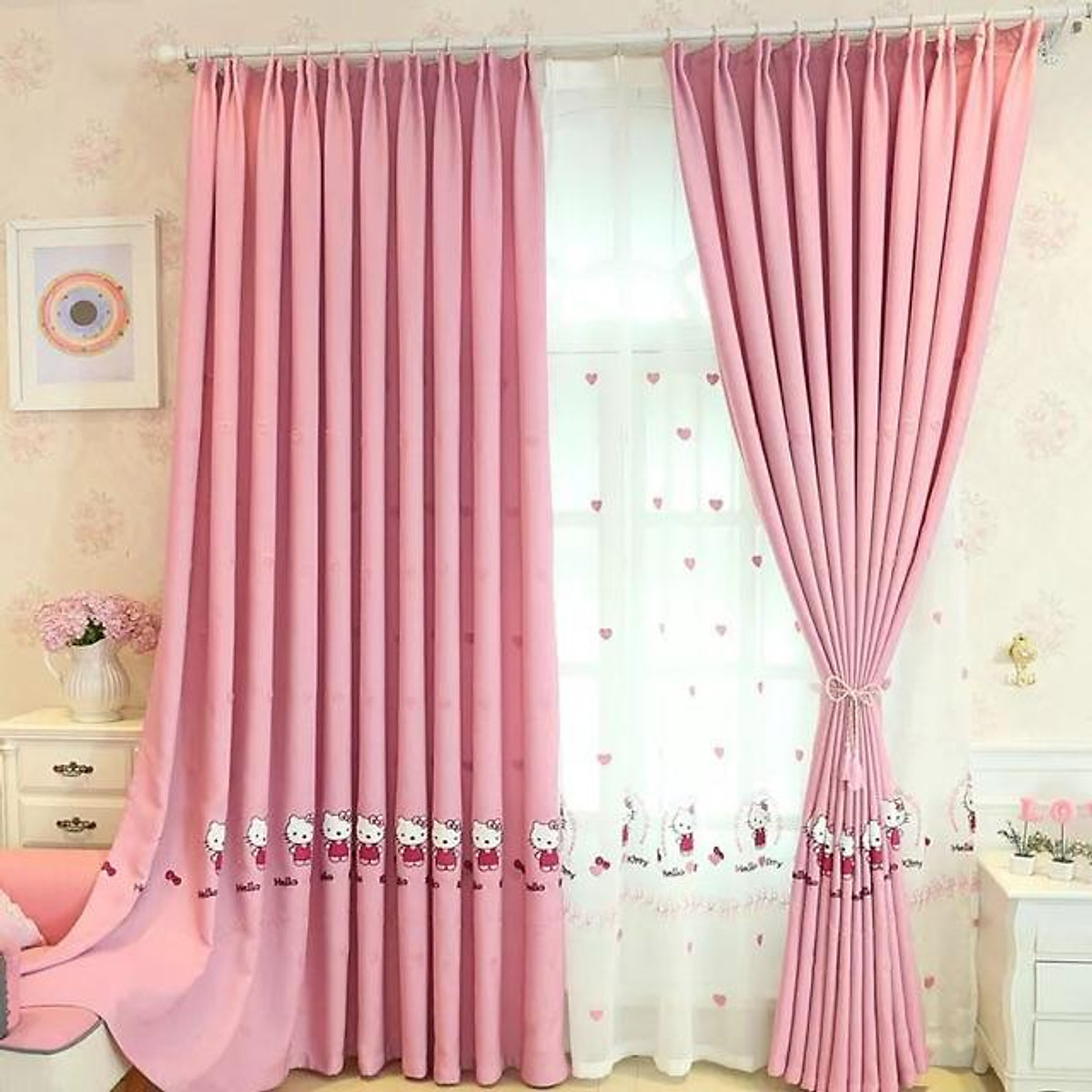 Rèm Thêu Kitty xinh xắn, rèm cửa màu hồng trang trí phòng ngủ trẻ em - Cao cố định 2.2m