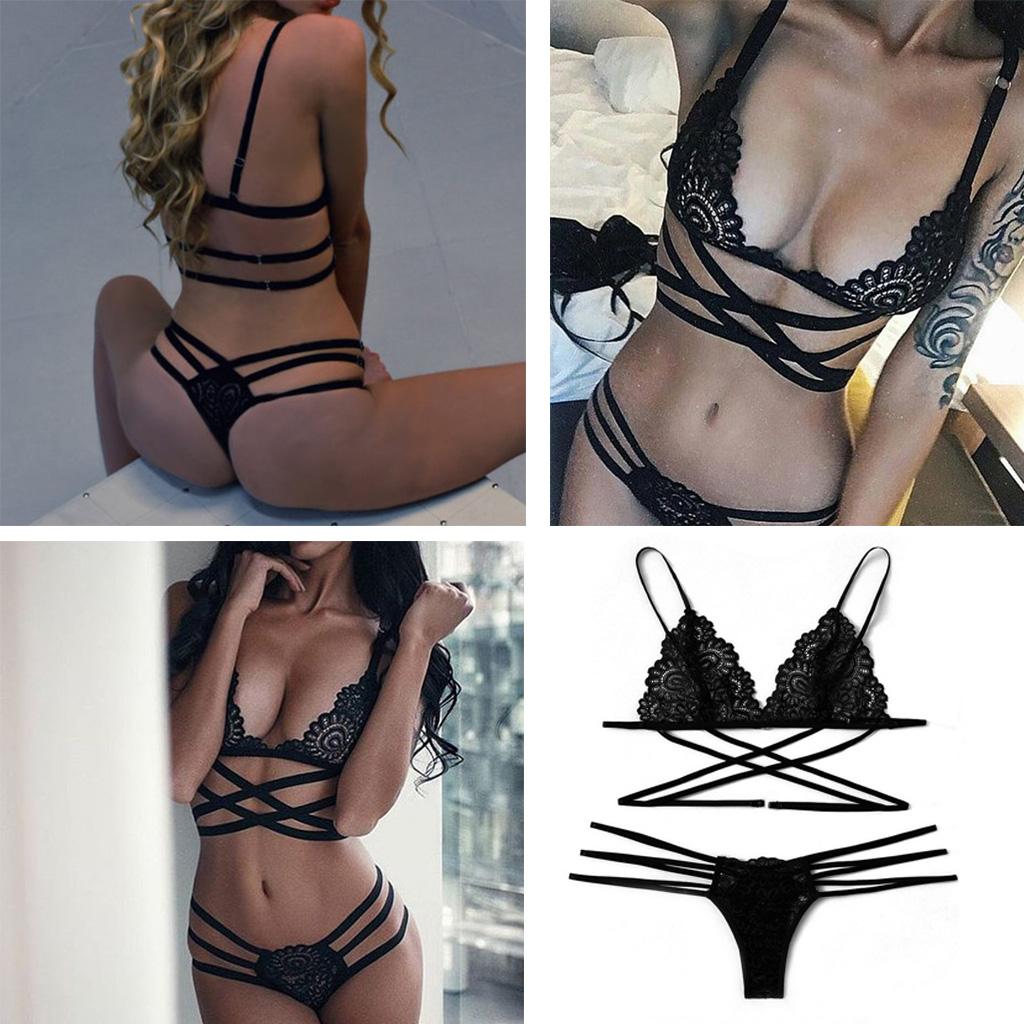 Womens 2 Piece Lace Hollow Perspective Bikini Swimsuit Beach Swimwear Set Black