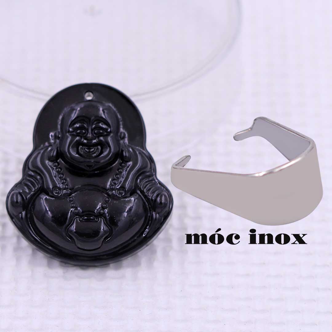 Mặt Phật Di lặc đá đen 4.3 cm kèm móc inox trắng, mặt dây chuyền Phật cười
