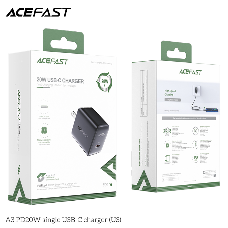 Adapter Sạc Acefast PD 3.0 20W 1 Cổng USB Type-C Chuôi Dẹt US A3 - Hàng Chính Hãng