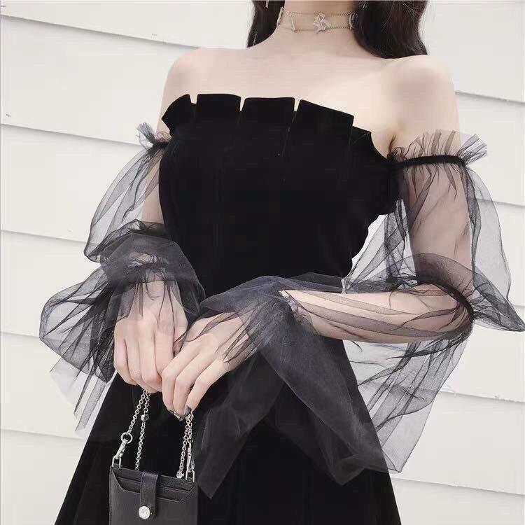 Đầm Nữ Trễ Vai Tay Phối Lưới Thời Trang
