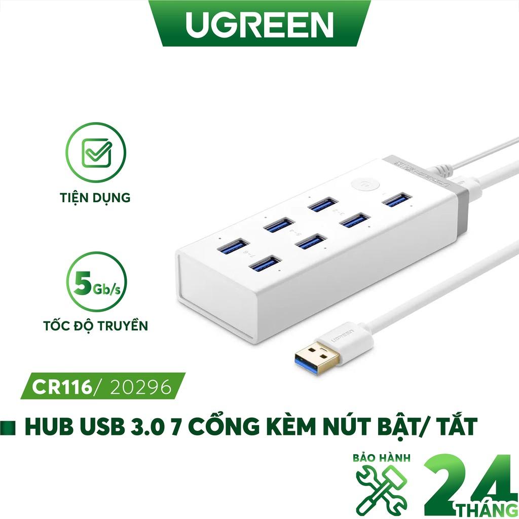 Hub USB 3.0 7 cổng có nút bật tắt, hỗ trợ nguồn 12A/2V UGREEN CR116 20296 - Hàng Chính Hãng