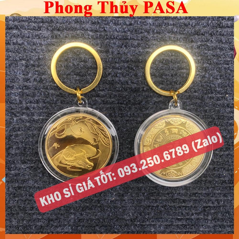 Móc Khóa 12 Con Giáp CON TRÂU - SỬU Đồng Xu Phong Thủy May Mắn - Ecoins