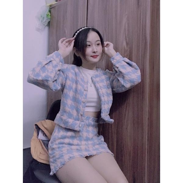 Set dạ tweed xanh nữ tiểu thư cao cấp tay bồng ulzzang Hàn Quốc