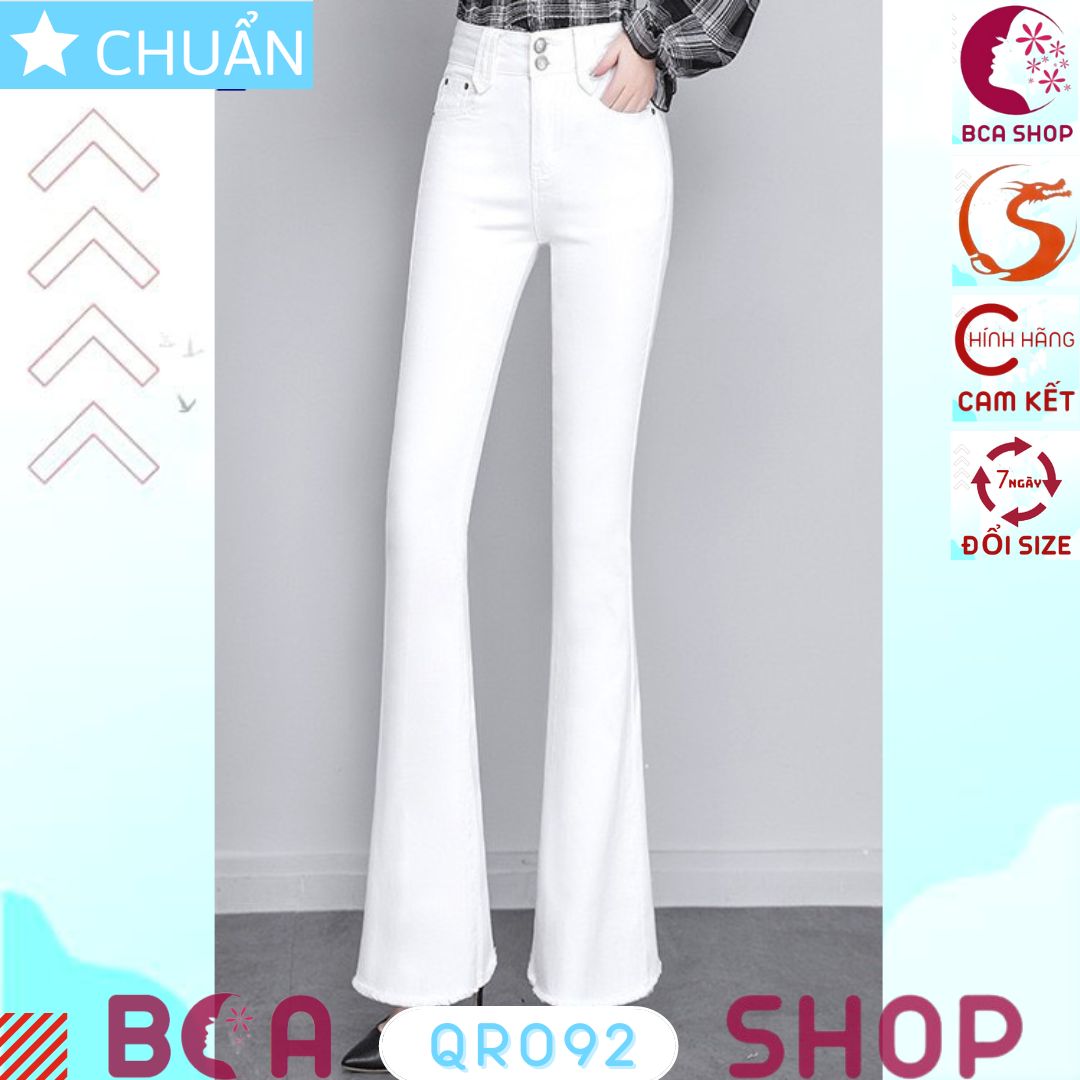 Quần jean nữ ống loe QRO92 ROSATA tại BCASHOP dáng dài thêu hoa, lưng cao 2 nút, phom chuẩn, chất liệu jean - TRẮNG