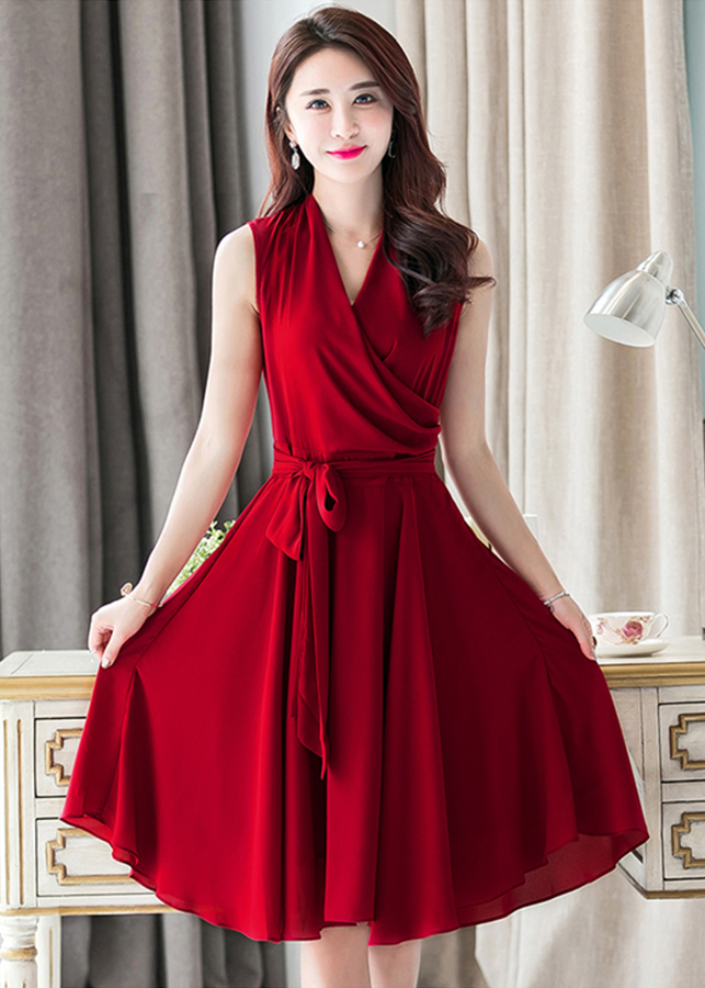 Đầm Xòe Cổ V Cách Điệu Cột Dây Nơ Eo