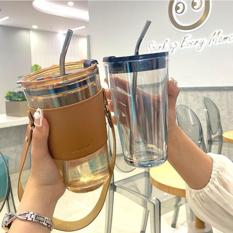 Ly Thủy Tinh Mix Da Size To, Ly Uống Nước Có Quai Xách Mang Đi Sang Trọng Tạng Kèm Ống Hút