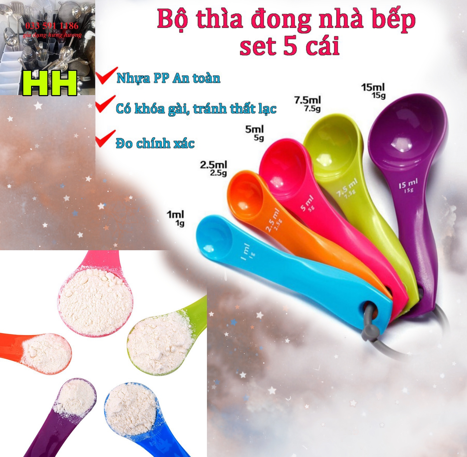 thìa đong định lượng nhựa 5 cỡ, dụng cụ pha chế